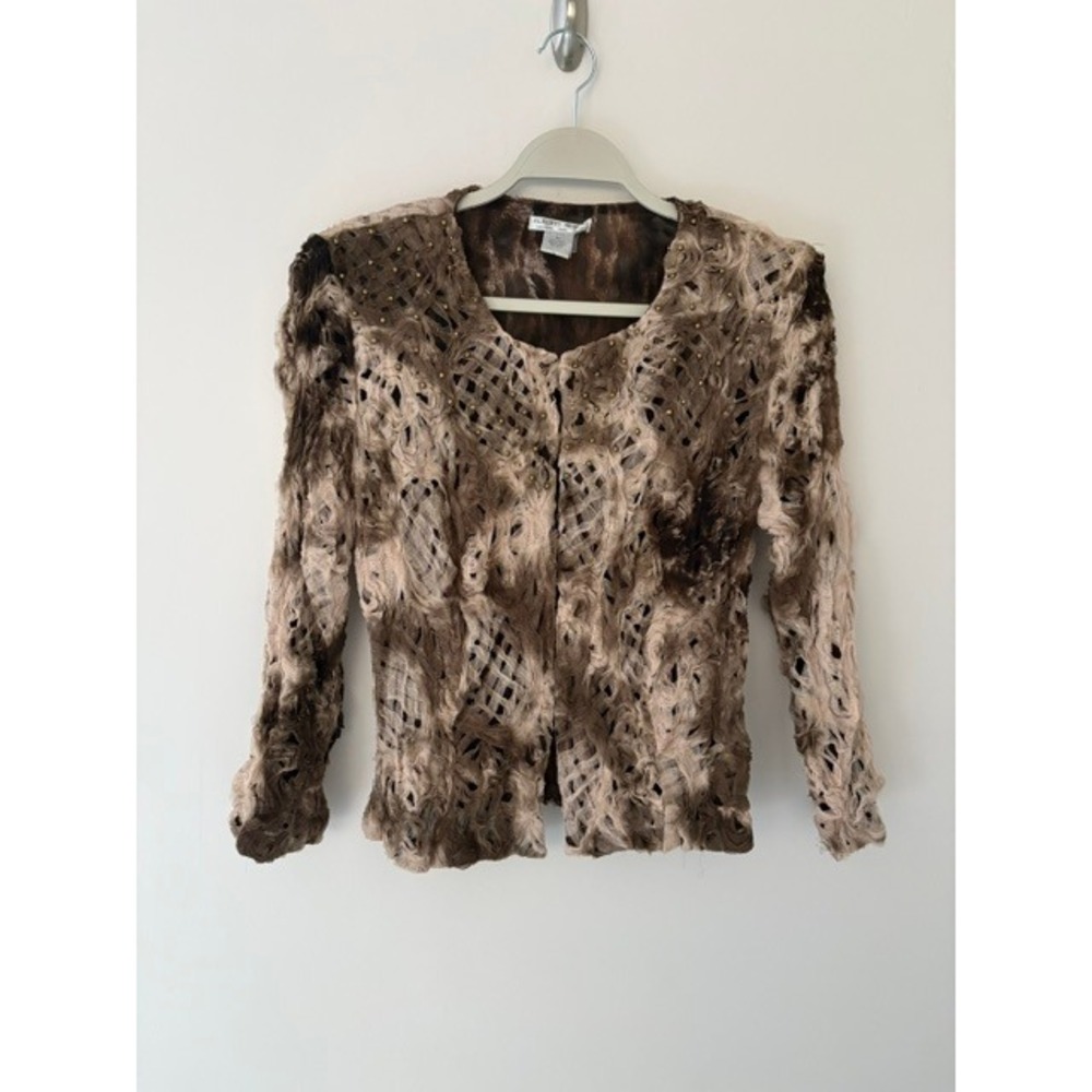 Alberto Makali Brown Tan Textured Mesh Studded Ribbon Cardigan Top Womens Medium